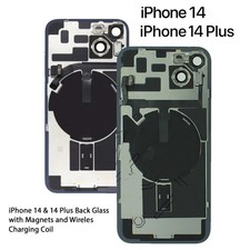 Vetro posteriore iPhone 14, 14 Plus con magneti Mag-Safe, bobina di ricarica wireless e flash