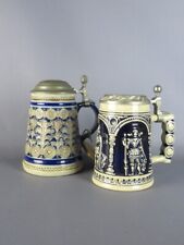COPPIA BOCCALI BIRRA IN CERAMICA DECORATI E COPERCHIO IN METALLO