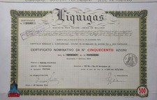 1956 * AZIONE D'EPOCA LIQUIGAS CON VIGNETTA BOMBOLA DI GAS IN BASSO A SINISTRA