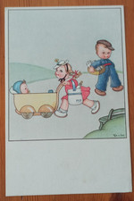 ILLUSTRATA  FIRMATA M.P. TOMBA- BIMBI , MAMMINA CON FIGLIO IN CARROZZINA