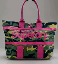 SUPERDRY Shoulder Tote Large Bag Camouflage Hard Canvas Kaki/Green Logo Fuxia 