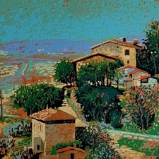 Serigrafia Pino Cappugi Casolare toscana borgo arte figurativa campagna alberi