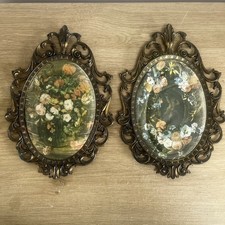 Vintage Floral Cushion Print Ornate Oval Metal Picture Frame Made In Italy Rare