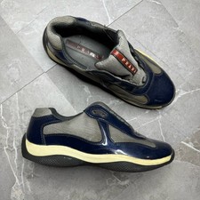 Sneakers Prada American Cup taglia 9 pelle verniciata navy riparate senza lacci senza scatola 