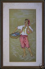 Napoli vecchio pannello scugnizzo pescatore napoletano con cesto pesci cornice