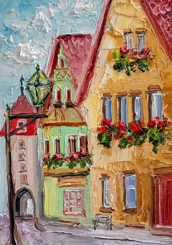 Città case quadro olio - , 15x20