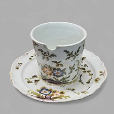 Antico SET Maiolica Bicchiere Brocca Succhiello PIATTO XVIII Secolo Italia Raro