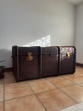 Antica cassa baule in legno fine '800, maniglie laterali in cuoio, Restaurata