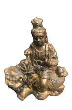 Statuina divinita'  orientale a cavallo di cane di Pho bronzo in patina epoca XI