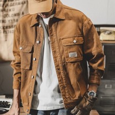 Hommes Américain Rétro Jeans Manteau Cargo Veste Poche Bouton Travail Ressort en