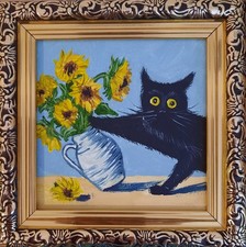 Dipinto Olio ORIGINALE Gatto Nero Girasole Miniatura Arte Parete Contemporanea Animale