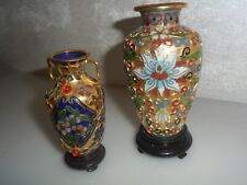 VINTAGE VASO ANFORA CLOISONNE A RILIEVO GEMME CON BASE LEGNO H CM.12-10