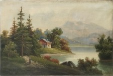Antico dipinto ad olio su tela primi 1900 – Paesaggio con lago montagne e alberi