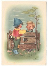 1950 Chiusa cartolina d'epoca bambini innamorati steccato cuore cesto uova