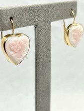 Orecchini A Clip In Oro 14kt Con Cammei In Conchiglia Rosa A Cuore 20mm Vintage