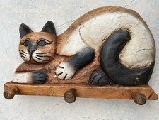 GATTO SCULTURA LEGNO APPENDIABITI MURO INTAGLIATO DIPINTO A MANO 36cm ITALIA 90s