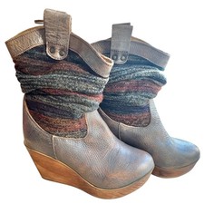 $298 BED STU Bruges stivali con tacco zeppa in legno rustico argento pelle polsino lana TG 7,5