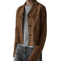 Giacca donna ultima pelle scamosciata marrone cropped vintage fatta a mano con tasche