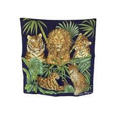 Autentica sciarpa Salvatore Ferragamo vintage blu collo leone tigre tasca quadrata
