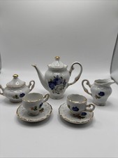 Mini set da tè in porcellana blu bordo oro rosa 7 pezzi