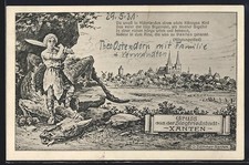 Cartolina artistica Xanten, Sigfried con drago sconfitto, veduta generale 1931 