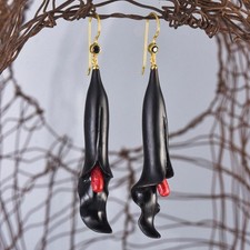Carved Black Horn Flower Earrings Red Coral Spinel Gold Vermeil Sterling 7.97g