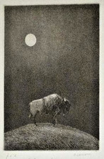 "Il Bisonte sotto la Luna"  RODOLFO CECCOTTI 1999 Incisione Prova Autore
