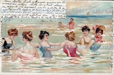 Cartolina 1905 Donnine In Mare. Costumi D'Epoca. A Colori. Interessante. Bella.