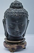 Antique Bronze Buddha Head Sculpture on Wooden Base