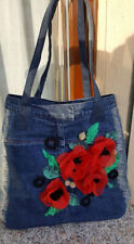 borsa di jeans con applicazioni di fiori e foglie di stoffa ,fodera e cerniera