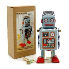 ROBOT GIOCATTOLO LATTA 4,5" avvolgibile blu litografia retrò da collezione simpatico mini radicon MS294