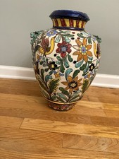 Vaso vintage in ceramica maiolica dipinto a mano Monteuole Italia, testa di leone e floreale