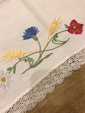 Asciugamano O Tenda Ricami Fatti A Mano Papaveri Grano Margherite Garofani Blu