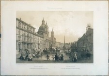Stampa antica Benoist Veduta Piazza Navona allagata Roma 1870 ferragosto