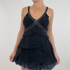 Top vintage a strati in rete nera con spalline in paillettes 