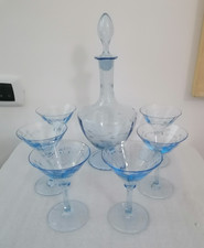 bottiglia con 6 bicchieri calici da spumante cocktail vetro azzurro vintage -363