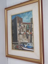 vecchio quadro dipinto a mano palazzi su porto barche pescatori A DI GIORGIO da
