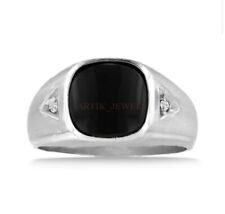 Naturale Onice Nera Gemma Con 14K Placcato Oro Bianco Anello Argento per Uomo