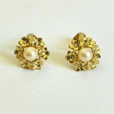 Orecchini clip lobo metallo oro vintage anni 80 bigiotteria perla fiori luminosi