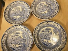 Servizio 4 Piatti Ceramica stile inglese. 4 piatti piani. Bianco e blu
