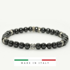 Bracciale da uomo donna grigio ematite 6mm distanziatori tribale strass argento 