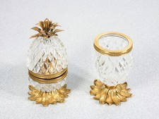 ⚜️ PORTA SIGARETTE ACCENDINO CRISTALLO METALLO OTTONE FRANCIA EPOCA 1950S ANANAS