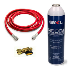 Bombola gas R600a completa di tubo 1,5 m e rubinetto 1/4 maschio X 1/4 femmina