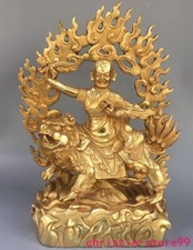 Vecchio tempio buddismo tibetano bronzo resa dorata tigre arhat “伏虎罗汉” Statua Buddha
