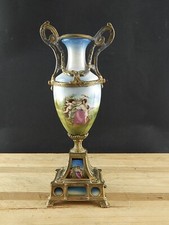 ANTICO PREZIOSO VASO EPOCA LIBERTY ART NOUVEAU PORCELLANA DECORATA A MANO OTTONE