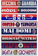 BOLOGNA 2° SET - 8 ADESIVI PLASTIFICATI " TIFOSI ULTRAS  "  misure 3 cm x 18 cm