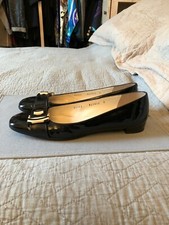 SALVATORE FERRAGAMO LUSSO BALLERINE PELLE BLACK WHITE PATENT 10 B US 40 EUR 7 UK