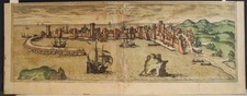 METHONI GRECIA 1575 BRAUN & HOGENBERG INSOLITO ANTICO RAME INCISO VISTA CITTÀ