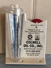 Misuratore pioggia vintage Texas Colwell Oil Co metallo con misurazione plastica #F69