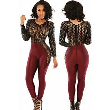 Abito tuta ecopelle aderente Womens Faux Leather open Jumpsuit Dress Clubwear 